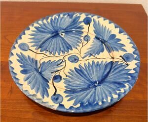 Hand Painted Blue White Floral Pottery Dinner Plate 11"